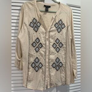 EUC‎ Style&Co women’s peasant top, button down embroidered 3/4 sleeves size XL